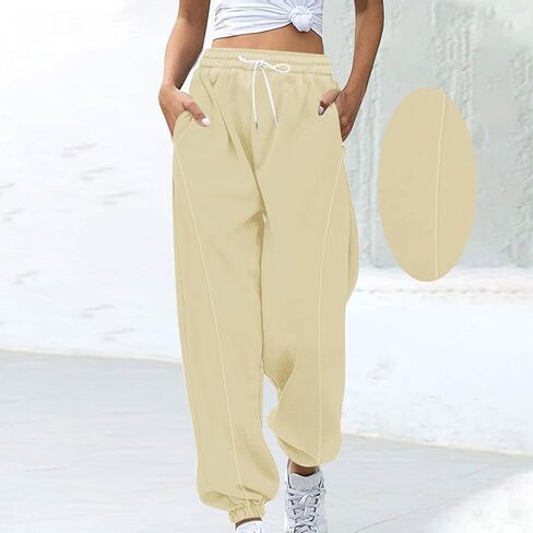 بنطلون رياضي نسائي عالي الخصر للشتاء فضفاض بنطلون طويل للخريف برباط صوف نشط مريح للركض مع جيوب in Kuwait