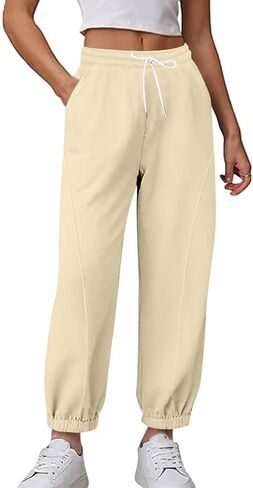 بنطلون رياضي نسائي عالي الخصر للشتاء فضفاض بنطلون طويل للخريف برباط صوف نشط مريح للركض مع جيوب in Kuwait