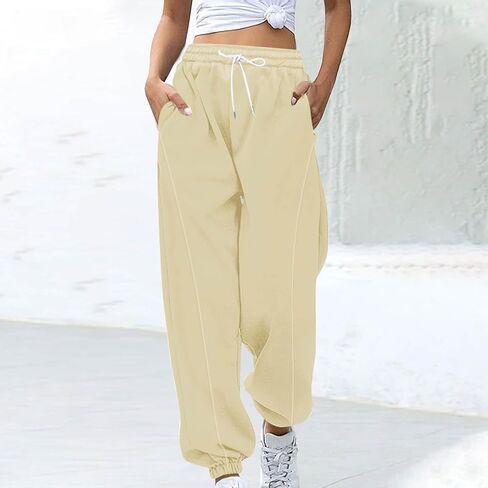 بنطلون رياضي نسائي عالي الخصر للشتاء فضفاض بنطلون طويل للخريف برباط صوف نشط مريح للركض مع جيوب in Kuwait