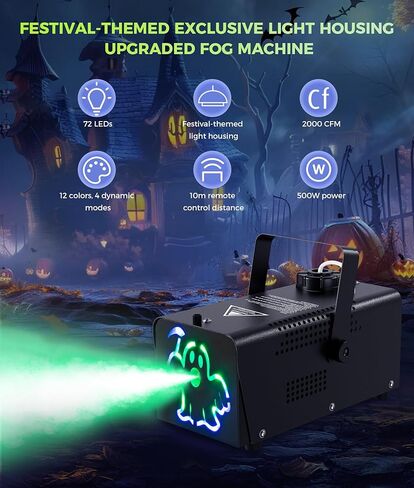 آلة الضباب IMONE بقدرة 500 وات 2000CFM 2 أغطية إضاءة مخيفة مع 72 مصباح LED مع 12 لونًا فاتحًا، وأجهزة تحكم عن بعد لاسلكية، للهالوين، وحفلات الزفاف، والحفلات، ومرحلة الدي جي، والاستخدام الداخلي والخارجي in Kuwait