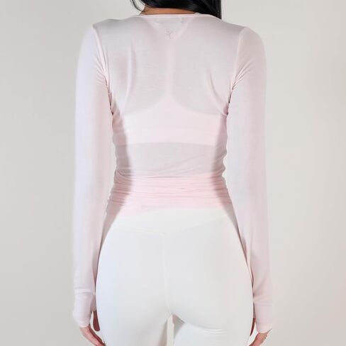 Women Crop Wrap Top Thumb Hole Long Sleeve Active Self Tie Workout Shirt Ballet Pilates Yoga Wrap Tops in Saudi Arabia