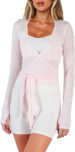 Women Crop Wrap Top Thumb Hole Long Sleeve Active Self Tie Workout Shirt Ballet Pilates Yoga Wrap Tops in Saudi Arabia