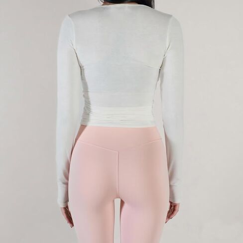 Women Crop Wrap Top Thumb Hole Long Sleeve Active Self Tie Workout Shirt Ballet Pilates Yoga Wrap Tops in Saudi Arabia