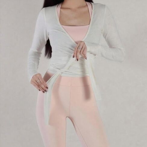 Women Crop Wrap Top Thumb Hole Long Sleeve Active Self Tie Workout Shirt Ballet Pilates Yoga Wrap Tops in Saudi Arabia