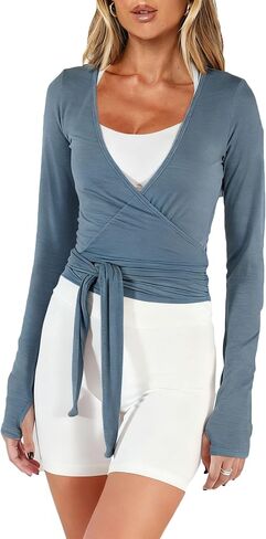 Women Crop Wrap Top Thumb Hole Long Sleeve Active Self Tie Workout Shirt Ballet Pilates Yoga Wrap Tops in Saudi Arabia