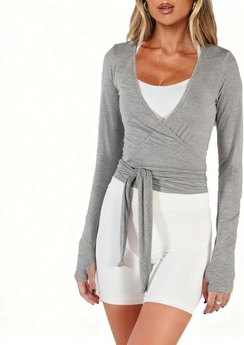 Women Crop Wrap Top Thumb Hole Long Sleeve Active Self Tie Workout Shirt Ballet Pilates Yoga Wrap Tops in Saudi Arabia