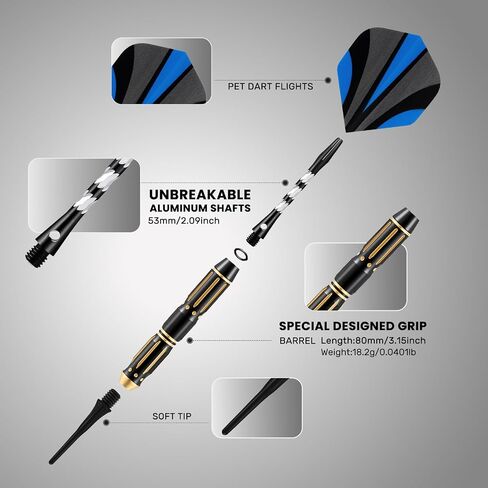 Darts Plastic Tip Set, 3 Pack Soft tip Darts Set Available in 16, 17.5, 19 Gram, Professional Dart for Dartboard with Extra Dart Tips, Aluminum Shafts, Brass Barrels, O-Rings, Carrying Box in Kuwait