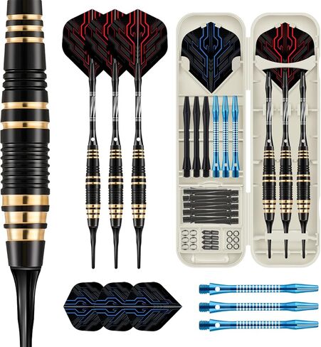 Darts Plastic Tip Set, 3 Pack Soft tip Darts Set Available in 16, 17.5, 19 Gram, Professional Dart for Dartboard with Extra Dart Tips, Aluminum Shafts, Brass Barrels, O-Rings, Carrying Box in Kuwait