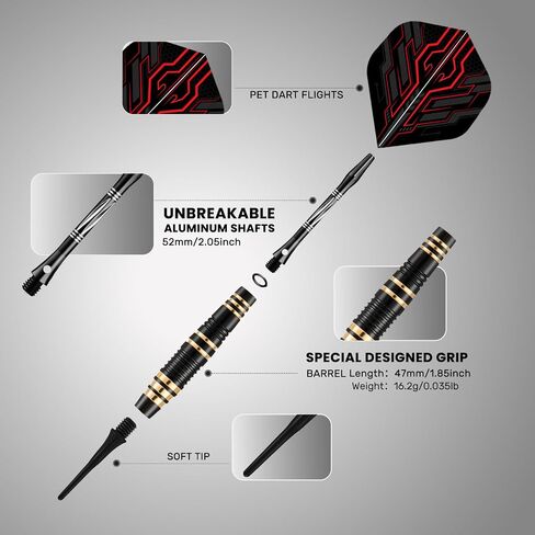 Darts Plastic Tip Set, 3 Pack Soft tip Darts Set Available in 16, 17.5, 19 Gram, Professional Dart for Dartboard with Extra Dart Tips, Aluminum Shafts, Brass Barrels, O-Rings, Carrying Box in Kuwait