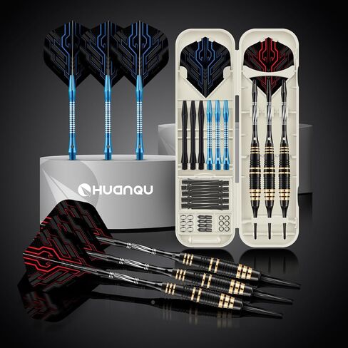 Darts Plastic Tip Set, 3 Pack Soft tip Darts Set Available in 16, 17.5, 19 Gram, Professional Dart for Dartboard with Extra Dart Tips, Aluminum Shafts, Brass Barrels, O-Rings, Carrying Box in Kuwait