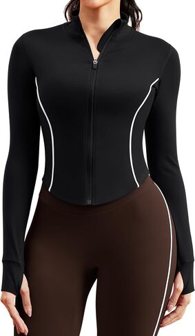 Women Workout Jackets Slim Fit Zip Up Corpped Athletic Jacket Contrast Stitching Jacket with Pocket in Kuwait