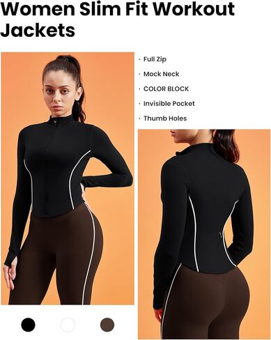Women Workout Jackets Slim Fit Zip Up Corpped Athletic Jacket Contrast Stitching Jacket with Pocket in Kuwait