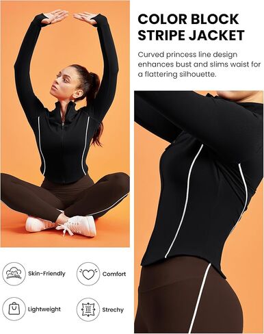 Women Workout Jackets Slim Fit Zip Up Corpped Athletic Jacket Contrast Stitching Jacket with Pocket in Kuwait