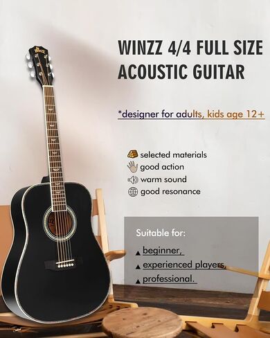 Winzz Acoustic Guitars Full Size, 4/4 Folk Guitar for Beginners Adults, Acoustic Steel-string Guitar Black (41 Inches） in Kuwait