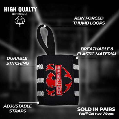 أغطية معصم FIGHTSENSE لرفع الأثقال، أحزمة معصم عالية الجودة مقاس 45.72 سم مع أغطية معصم شديدة التحمل بحلقة إبهام في صالة الألعاب الرياضية لرفع الأثقال، رفع الأثقال، تدريب القوة، كمال الأجسام، دعامة المعصم in Kuwait