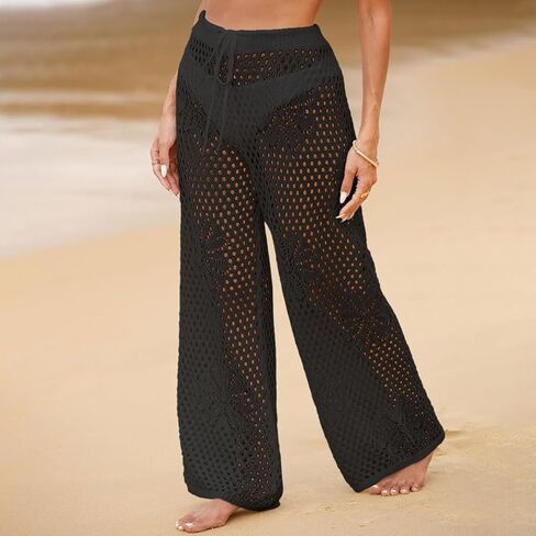 Womens Crochet Cover Up Pants Swimsuit Coverup Mesh Sheer High Waisted Drawstring Beach Pants in Kuwait