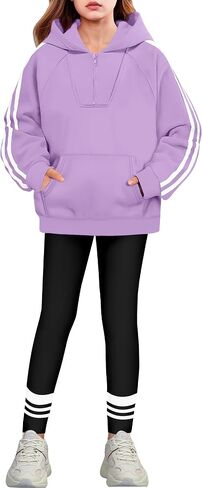 Girls 2 Piece Outfits Quarter Zip Hoodie Sweatshirt Print Leggings Color Block Fall Winter Clothing Sets with Pockets in Saudi Arabia