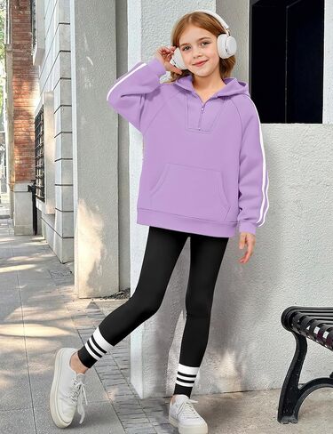 Girls 2 Piece Outfits Quarter Zip Hoodie Sweatshirt Print Leggings Color Block Fall Winter Clothing Sets with Pockets in Saudi Arabia