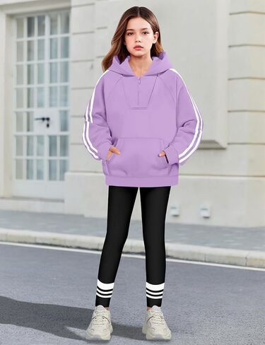 Girls 2 Piece Outfits Quarter Zip Hoodie Sweatshirt Print Leggings Color Block Fall Winter Clothing Sets with Pockets in Saudi Arabia