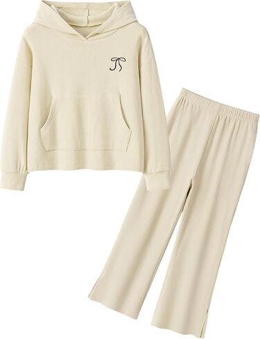 Girls Clothing Set Bow Embroidery Hoodie Pullover Sweatshirt & Split Flare Pants Outfits 2Pcs with Pockets 5-14Y in Saudi Arabia