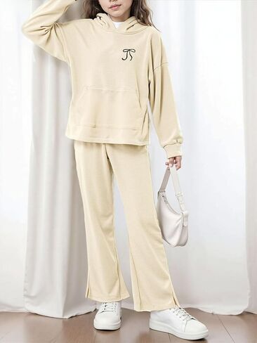 Girls Clothing Set Bow Embroidery Hoodie Pullover Sweatshirt & Split Flare Pants Outfits 2Pcs with Pockets 5-14Y in Saudi Arabia