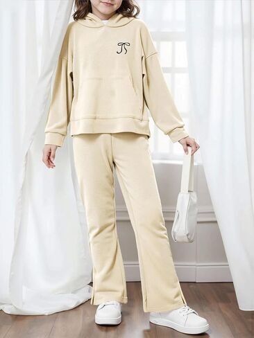 Girls Clothing Set Bow Embroidery Hoodie Pullover Sweatshirt & Split Flare Pants Outfits 2Pcs with Pockets 5-14Y in Saudi Arabia