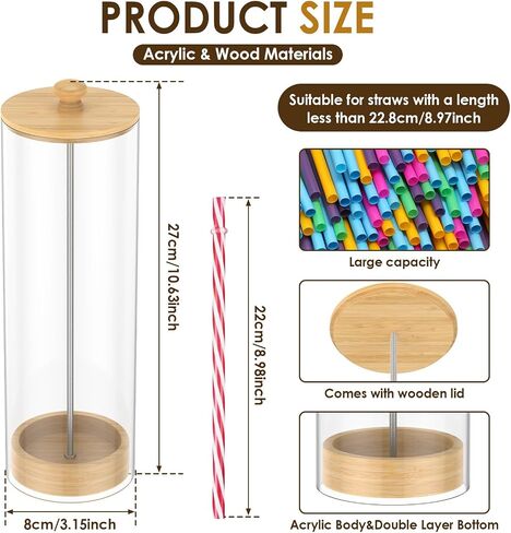 Acrylic Straw Holder Dispenser with Wood Lid, Transparent Countertop Straw Container, Organizer for Pencil Makeup Brush,Cabinet Storage, Holds Pencils, Cutlery(transparent color,1) in Saudi Arabia