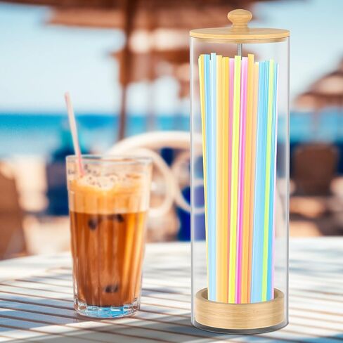 Acrylic Straw Holder Dispenser with Wood Lid, Transparent Countertop Straw Container, Organizer for Pencil Makeup Brush,Cabinet Storage, Holds Pencils, Cutlery(transparent color,1) in Saudi Arabia