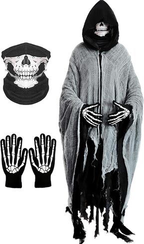 غريم ريبر أزياء هالوين الرعب مع غطاء محرك السيارة للرجال خمر مخيفة مخيفة مدمن مخدرات ، والقفازات الجمجمة والهيكل العظمي in Kuwait