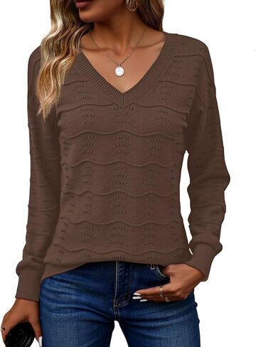 Zeagoo Womens Sweaters Fall Casual Long Sleeve V Neck Shirts Lightweight Crochet Ribbed Knit Pullover Tops Outfits in Saudi Arabia