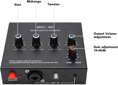 Microphone Preamp Mic Gain Booster 3 Input with 48V Power, XLR Balanced, 3.5mm/6.35mm Output, for Dynamic and Condenser Mic (with 3.5mm Sound Cable) in Saudi Arabia