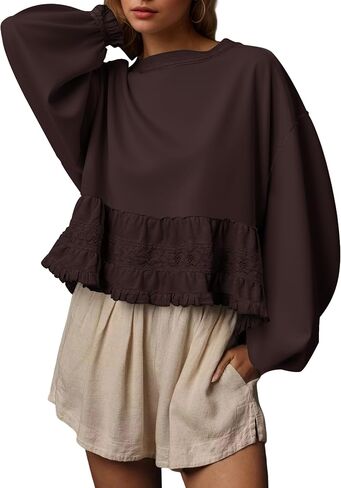 Crew Neck Crop Oversized Sweatshirts For Women Casual Long Puff Sleeve Babydoll Tops Loose Lace Patchwork Peplum Top in Saudi Arabia