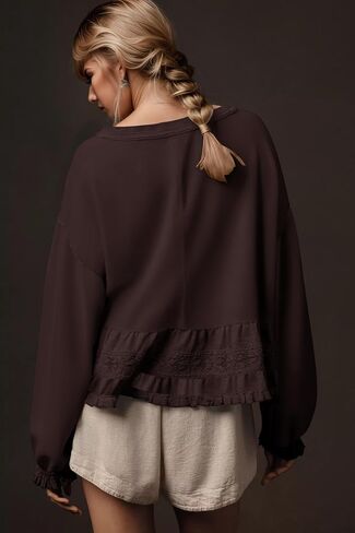 Crew Neck Crop Oversized Sweatshirts For Women Casual Long Puff Sleeve Babydoll Tops Loose Lace Patchwork Peplum Top in Saudi Arabia