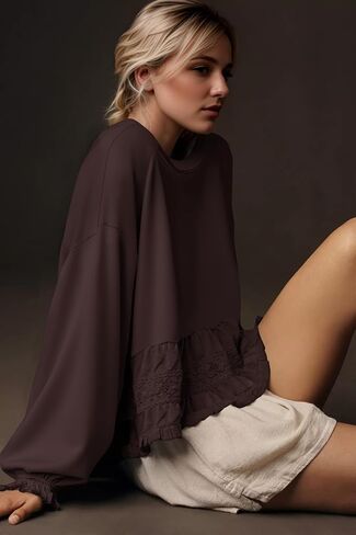 Crew Neck Crop Oversized Sweatshirts For Women Casual Long Puff Sleeve Babydoll Tops Loose Lace Patchwork Peplum Top in Saudi Arabia