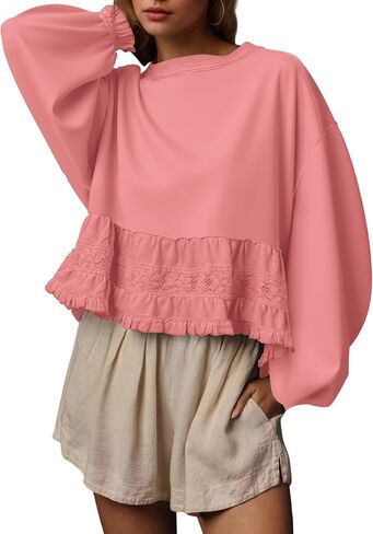 Crew Neck Crop Oversized Sweatshirts For Women Casual Long Puff Sleeve Babydoll Tops Loose Lace Patchwork Peplum Top in Saudi Arabia