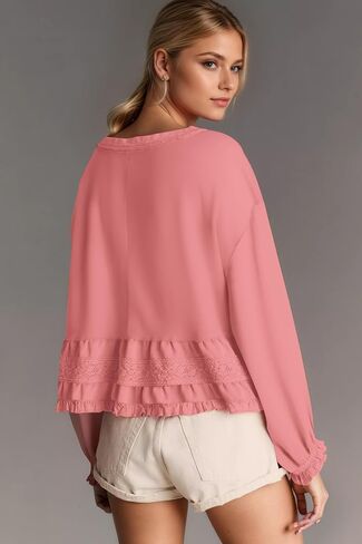 Crew Neck Crop Oversized Sweatshirts For Women Casual Long Puff Sleeve Babydoll Tops Loose Lace Patchwork Peplum Top in Saudi Arabia
