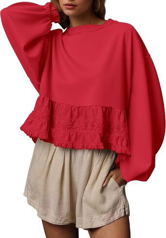Crew Neck Crop Oversized Sweatshirts For Women Casual Long Puff Sleeve Babydoll Tops Loose Lace Patchwork Peplum Top in Saudi Arabia