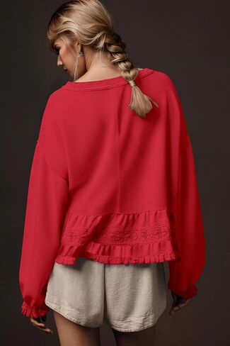 Crew Neck Crop Oversized Sweatshirts For Women Casual Long Puff Sleeve Babydoll Tops Loose Lace Patchwork Peplum Top in Saudi Arabia