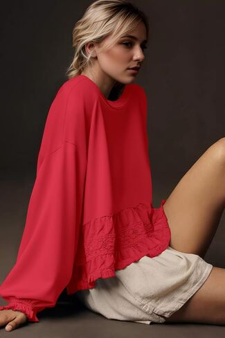 Crew Neck Crop Oversized Sweatshirts For Women Casual Long Puff Sleeve Babydoll Tops Loose Lace Patchwork Peplum Top in Saudi Arabia