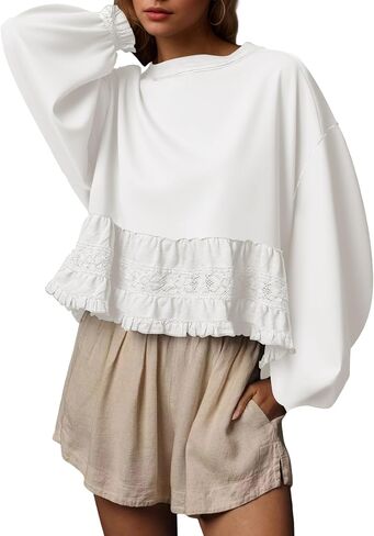 Crew Neck Crop Oversized Sweatshirts For Women Casual Long Puff Sleeve Babydoll Tops Loose Lace Patchwork Peplum Top in Saudi Arabia