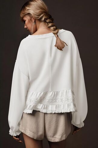 Crew Neck Crop Oversized Sweatshirts For Women Casual Long Puff Sleeve Babydoll Tops Loose Lace Patchwork Peplum Top in Saudi Arabia