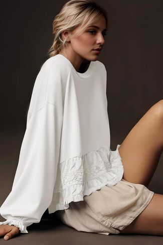 Crew Neck Crop Oversized Sweatshirts For Women Casual Long Puff Sleeve Babydoll Tops Loose Lace Patchwork Peplum Top in Saudi Arabia