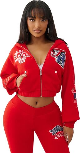 True Religion Women's Crystal Patched Zip Hoodie – Full Zip Fleece Sweatshirt with Rhinestone Logo in Saudi Arabia