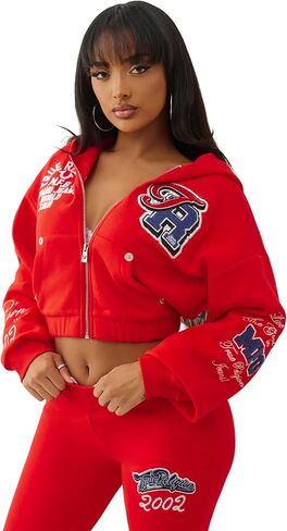 True Religion Women's Crystal Patched Zip Hoodie – Full Zip Fleece Sweatshirt with Rhinestone Logo in Saudi Arabia