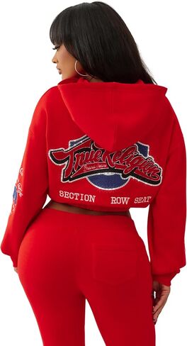 True Religion Women's Crystal Patched Zip Hoodie – Full Zip Fleece Sweatshirt with Rhinestone Logo in Saudi Arabia