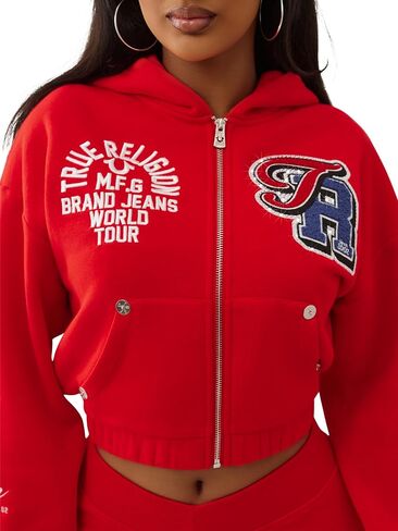 True Religion Women's Crystal Patched Zip Hoodie – Full Zip Fleece Sweatshirt with Rhinestone Logo in Saudi Arabia