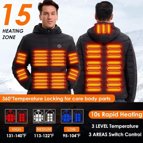 Heated Jackets for Men with Battery Pack, 15 Heating Zones Electric Heated Hoodie, Heating Coat for Winter Outdoor in Saudi Arabia