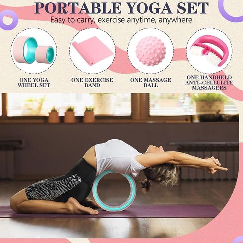 5 Pack Yoga Wheel Set Back Stretcher Wheel for Deep Tissue Massage Foam Roller for Back Pain Relief & Stretching, Trigger Point Therapy Ball, Resistance Loop Exercise Bands, Massage Roller in Saudi Arabia