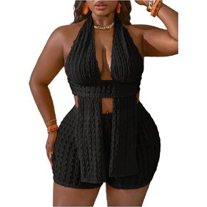 OYOANGLE Women's Plus Size 2 Piece Outfits Textured Cut Out Sleeveless Crop Halter Top and Shorts Set in Saudi Arabia