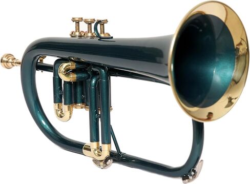 Bb Flugel Horn 3 صمام، مصنوع من النحاس Bb Pitch Tune | مثالية للطلاب والمبتدئين | تتضمن مجموعة الآلات الموسيقية الخضراء ذات 3 صمامات Flugel Horn حافظة صلبة وقطعة فم وقفازات وقماش RUBI HANDICRAFT in Kuwait